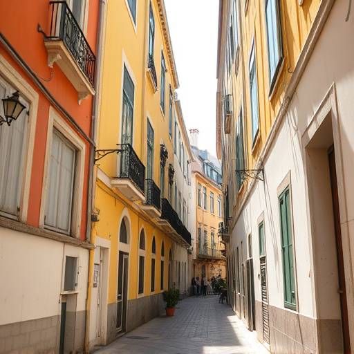 Foto de rua pitoresca de um beco charmoso em Lisboa durante um dia ensolarado