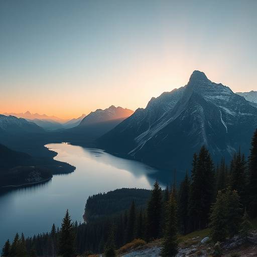 Fotografia de paisagem com montanhas e um lago ao amanhecer