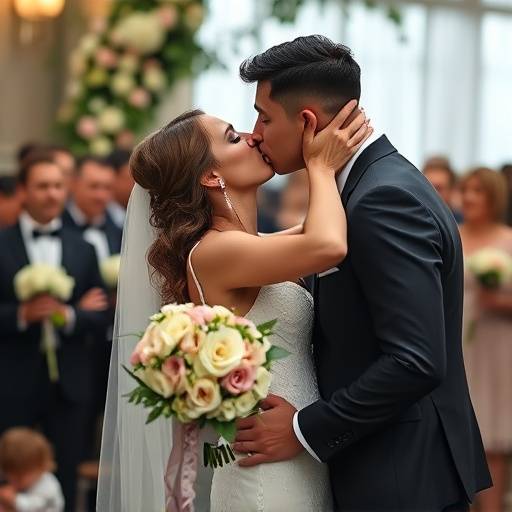 Fotografia de um casal se beijando apaixonadamente durante a cerimônia de casamento, com flores e convidados ao fundo